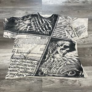 MMA Elite‎ Black White Mens 2XL Skull Skeleton AOP Mallgoth Grunge Cyber Y2K Tee